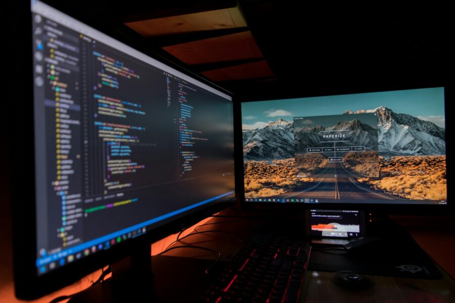 Game developer workspace multiple monitors code