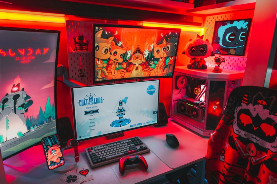 Gamer desk computer screen malware warning icon