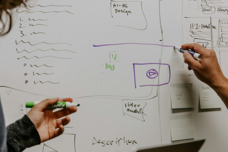 Mobile game design team whiteboard