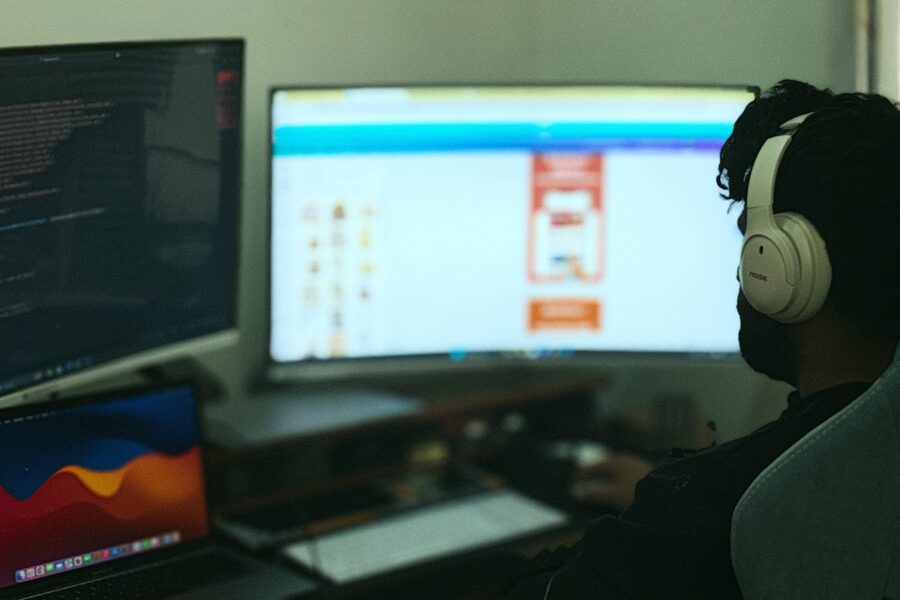 Mobile game developer office monitors