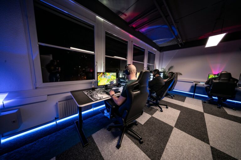 Esports broadcast desk casters stage screens