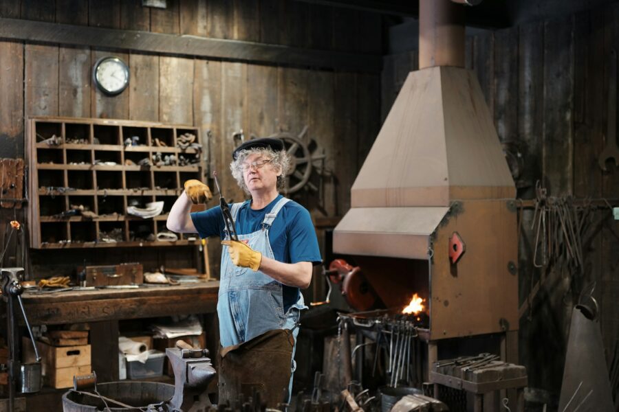 Fantasy rpg character inspecting armor blacksmith shop