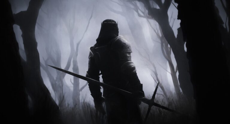 Fantasy rpg character holding sword forest